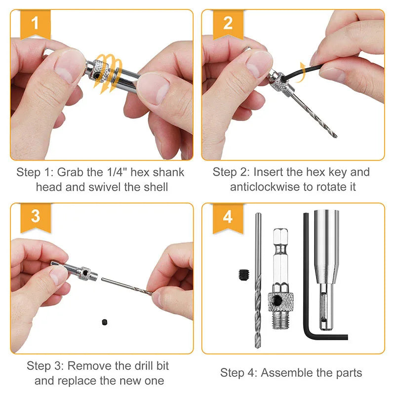 Self‑Centering Hinge Drill Bit Set – Automatic Center Pilot Hole Tool for Cabinet Doors