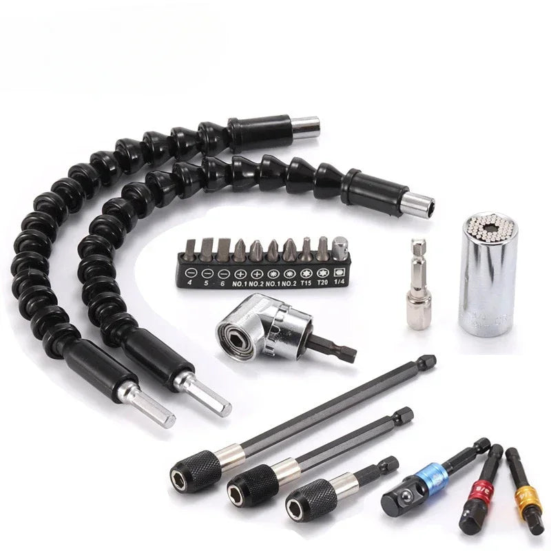 Flexible Drill Extension & Nut Driver Bit Set – Bendable Right Angle Adapter
