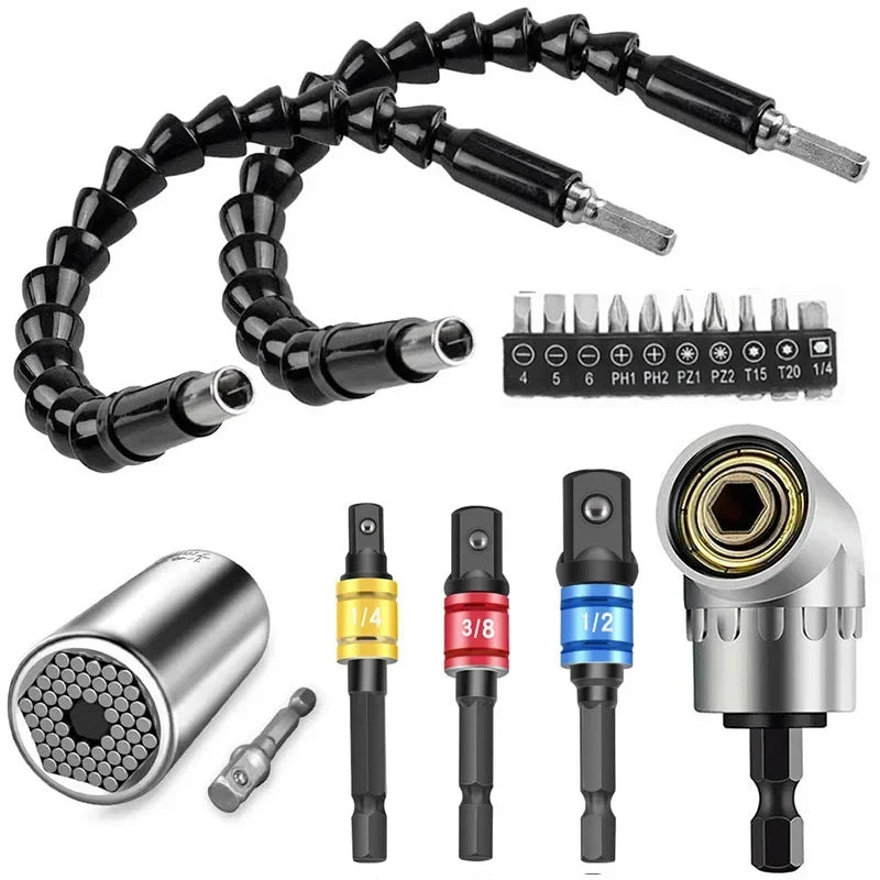 Flexible Drill Extension & Nut Driver Bit Set – Bendable Right Angle Adapter