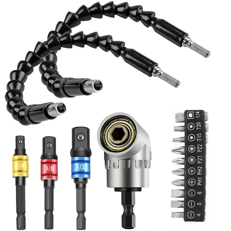 Flexible Drill Extension & Nut Driver Bit Set – Bendable Right Angle Adapter