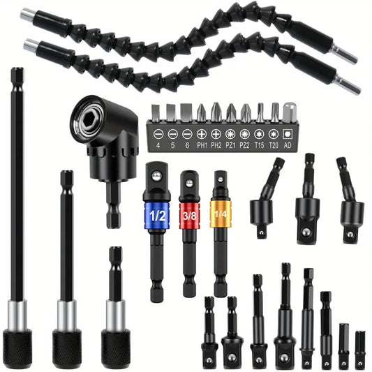 Flexible Drill Extension & Nut Driver Bit Set – Bendable Right Angle Adapter