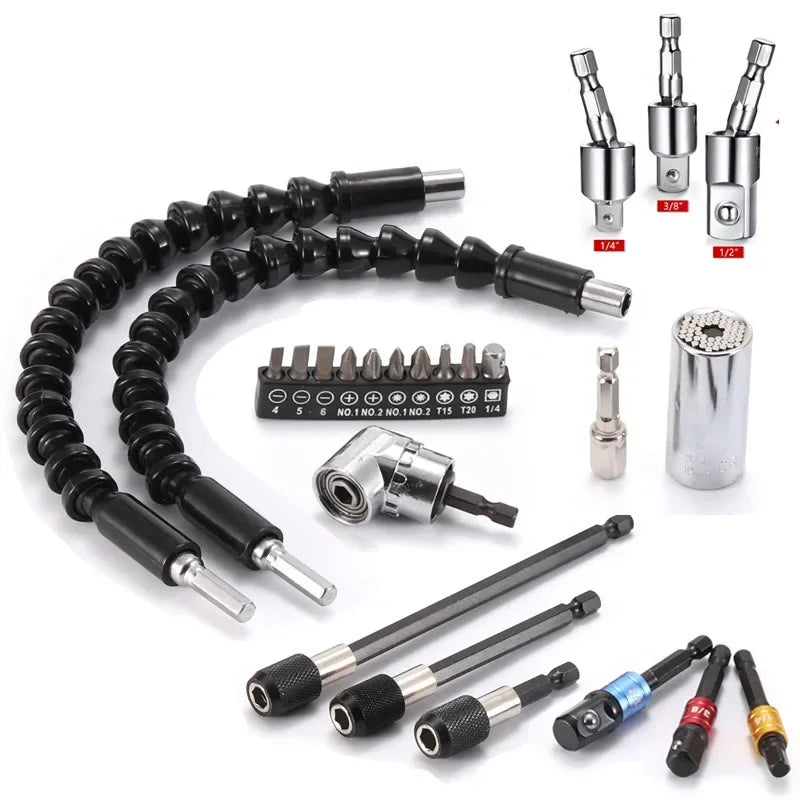 Flexible Drill Extension & Nut Driver Bit Set – Bendable Right Angle Adapter